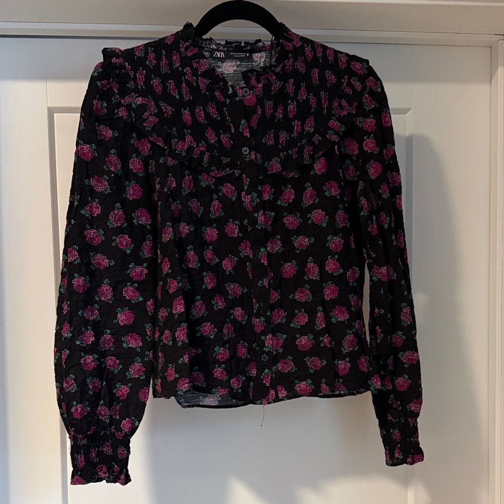 Zara Black and Pink Floral Blouse